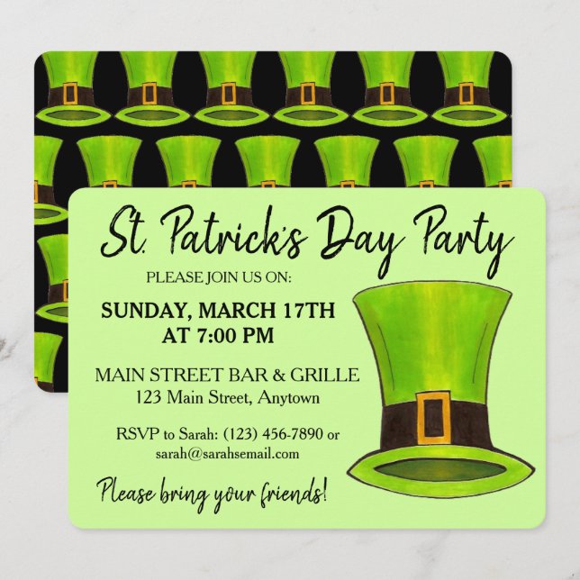 Invitación Fiesta de Leprechaun Tophat Verde del Día de San P (Anverso / Reverso)