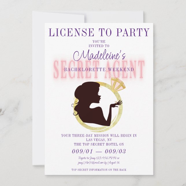 Invitación Fiesta de licencia de agente secreto Bachelorette  (Anverso)