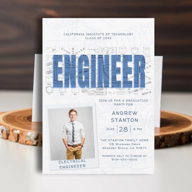 Invitación Fiesta de licenciatura de universidad Tecnología A (college grad engineering engineer graduation ceremony party invitation white blue technical science)