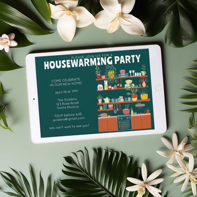 Invitación Fiesta de limpieza, cocina acogedora sin árboles (Cute whimsical housewarming party invitation. Customize with your own text, send digitally tree free)