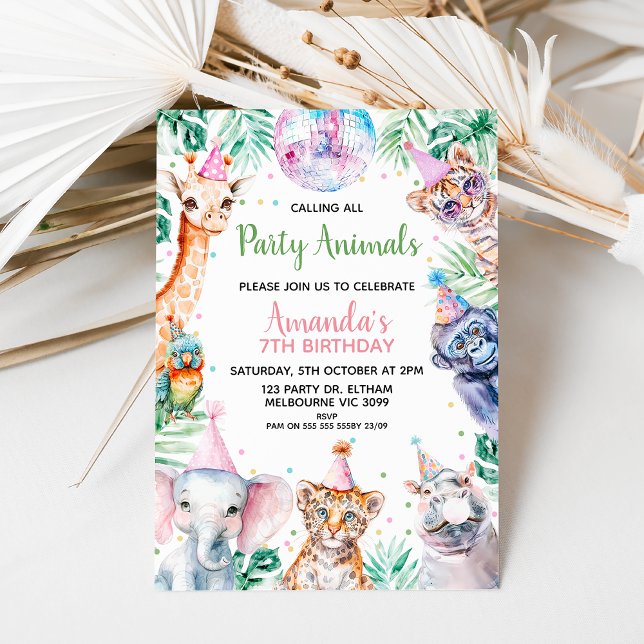 Invitación Fiesta de llamadas fluorescentes Animales Safari C (Girls Calling All Party Animals Safari Birthday Invitation Template, Editable Safari Birthday Invite)