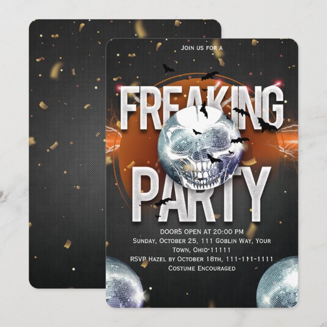 Invitación Fiesta de Locos Halloween Disco Calavera (Anverso / Reverso)