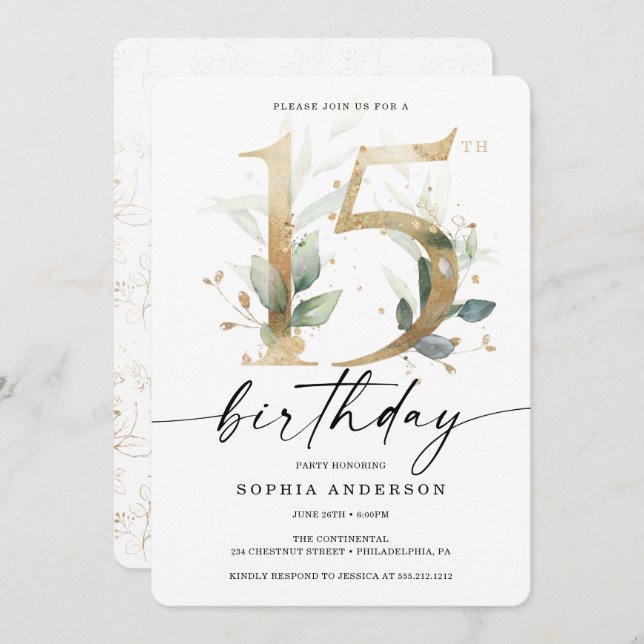 Invitación Fiesta de los 15 Años de Watercolor Verde (Anverso / Reverso)