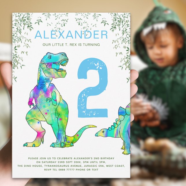 Invitación Fiesta de los 2º cumpleaños de los dinosaurios col (Colorful dinosaur 2nd birthday party invitation invitation blue green watercolor T-Rex & Stegosaurus)