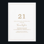 Invitación Fiesta de los 21 Años del Oro minimalista<br><div class="desc">Esta minimalista invitación a la fiesta de cumpleaños 21 es perfecta para una simple fiesta de cumpleaños. El moderno diseño romántico presenta una tipografía clásica en oro y blanco, acompañada de una caligrafía rústica y elegante con un estilo de letra a mano vintage. Personalizable de cualquier color. Mantenga el diseño...</div>