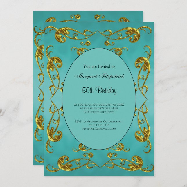 Invitación Fiesta de los 50 Años Verde azulados de Oro (Anverso / Reverso)