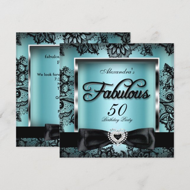 Invitación Fiesta de los 50 Fabulosos Azul Turquesa Damasco E (Anverso / Reverso)
