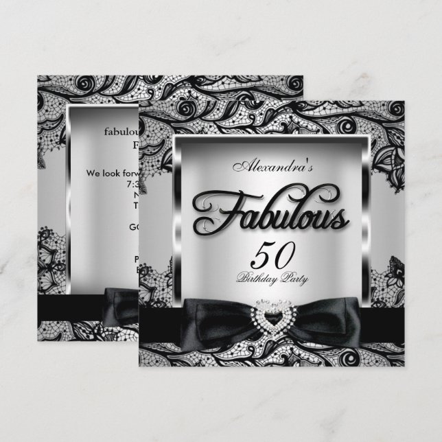 Invitación Fiesta de los 50 Fabulosos Gris Plateado Damasco E (Anverso / Reverso)