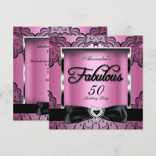 Invitación Fiesta de los 50 Fabulosos Rosa Damask Encaje Negr (Anverso / Reverso)