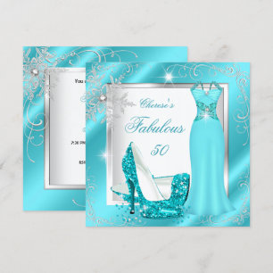 Invitación Fiesta de los 50 Fabulosos Vestido Azul Teal Plata