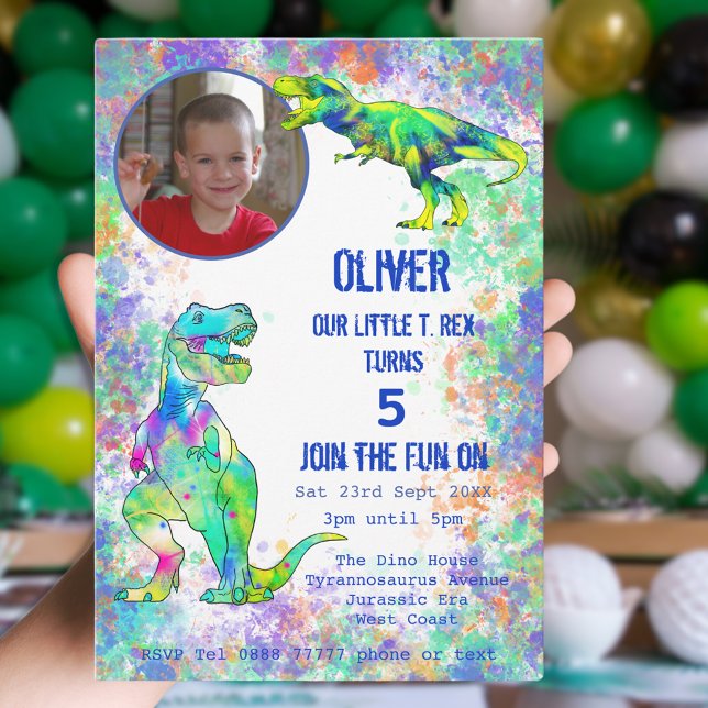 Invitación Fiesta de los 5 Años de Dinosaurio (T-Rex dinosaur photo 5th birthday invitation with colorful watercolor splash background )