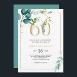 Invitación Fiesta de los 60 Años de Oro y Eucalipto<br><div class="desc">Esta invitación a la fiesta de cumpleaños número 60 de oro y eucalipto es perfecta para una elegante celebración de cumpleaños número 60. El diseño se compone de hojas de color verde,  dorado y azul pintadas a mano y flores cuidadosamente dispuestas en ramos y marcos geométricos elegantes.</div>