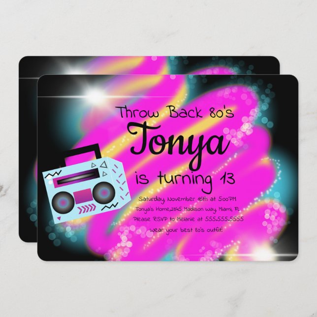 Invitación Fiesta de los 80 90 Airbrush Ropa Retro BoomBox (Anverso / Reverso)