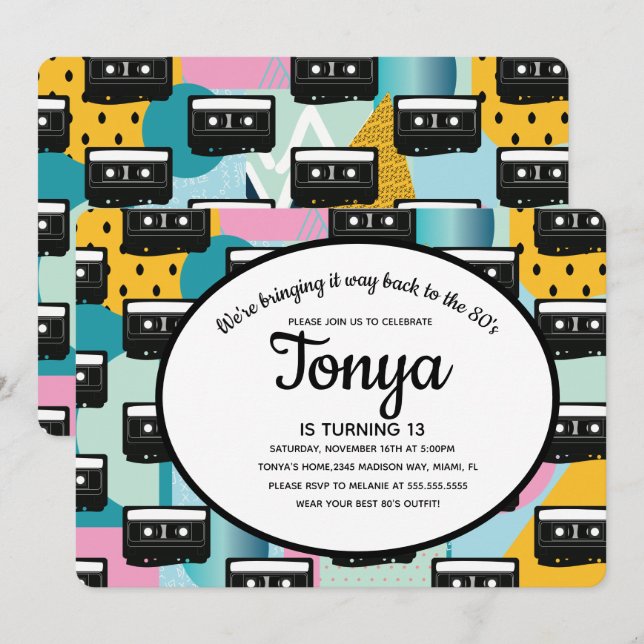 Invitación Fiesta de los 80 90 Collage de Casete Retro (Anverso / Reverso)