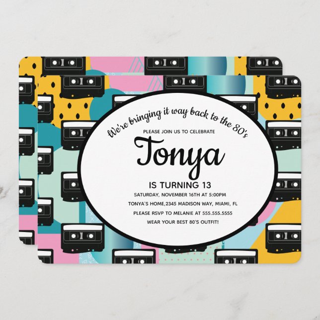Invitación Fiesta de los 80 90 Collage de cassette Retro (Anverso / Reverso)