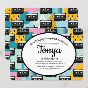 Invitación Fiesta de los 80 90 Rosa Collage Casete Retroceso