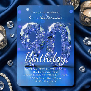 Invitación Fiesta de los 90 años Elegante Diamante Azul y Gla