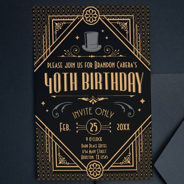 Invitación fiesta de los años 40 del Art Deco Negro y Oro de  (40th birthday speakeasy 1920s gold invite casino Art Deco cool classy unique invitation for him)