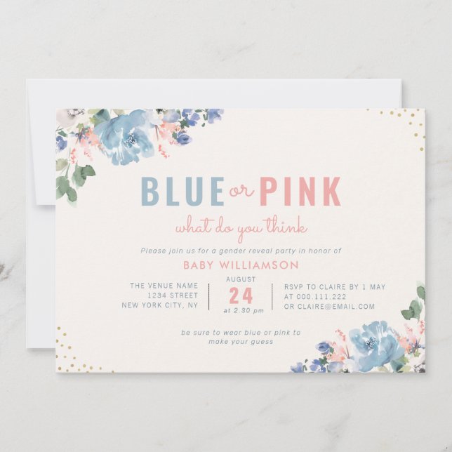Invitación fiesta de los géneros florales azules y rosas (Anverso)