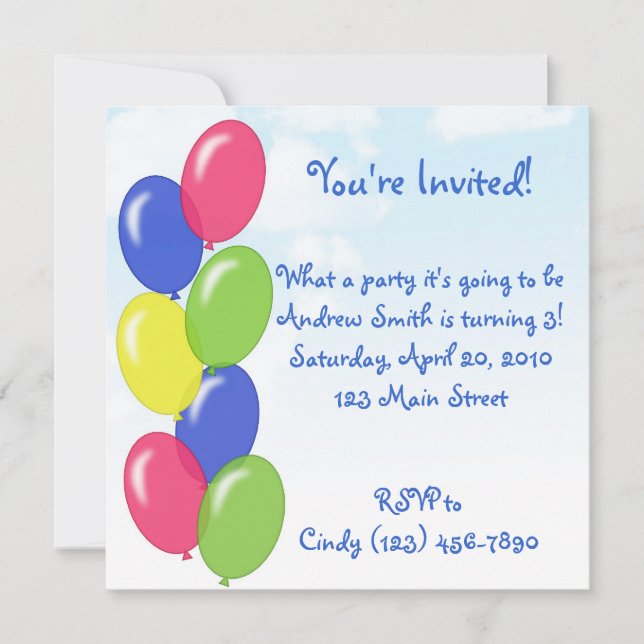 Invitación Fiesta de los globos de cumpleaños (Anverso)