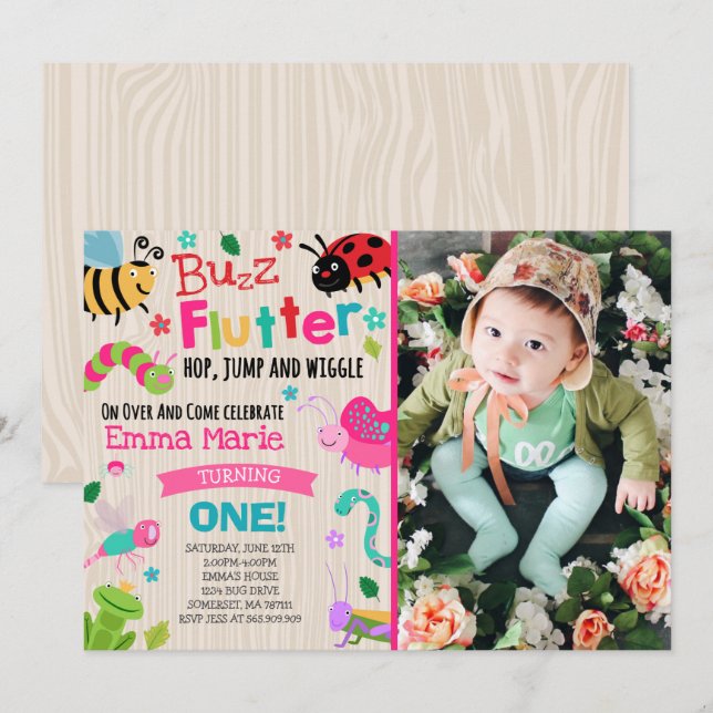 Invitación Fiesta de los insectos del rosa del chica de la (Anverso / Reverso)