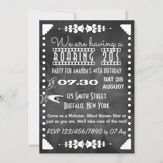 Invitación Fiesta de los locos años 20 con pizarra personaliz (Anverso)
