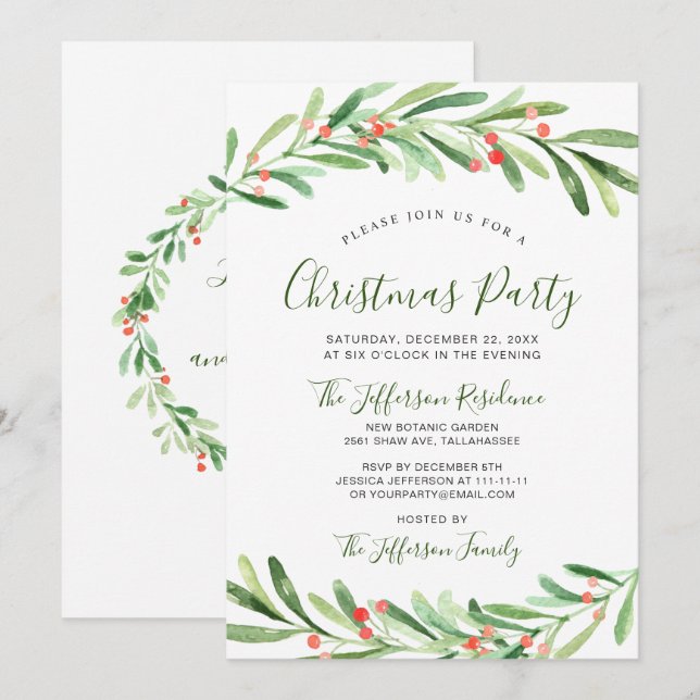 Invitación Fiesta de los Navidades de acuarela de la rama de  (Anverso / Reverso)