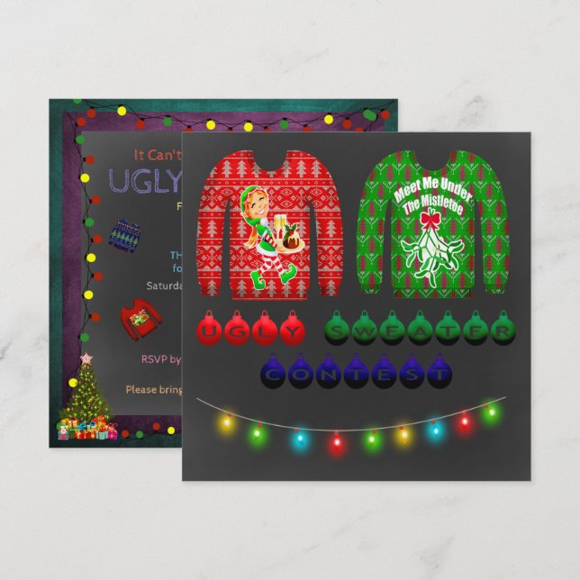 Invitación Fiesta de los Navidades de Chalkboard Ugly Sweater (Anverso / Reverso)