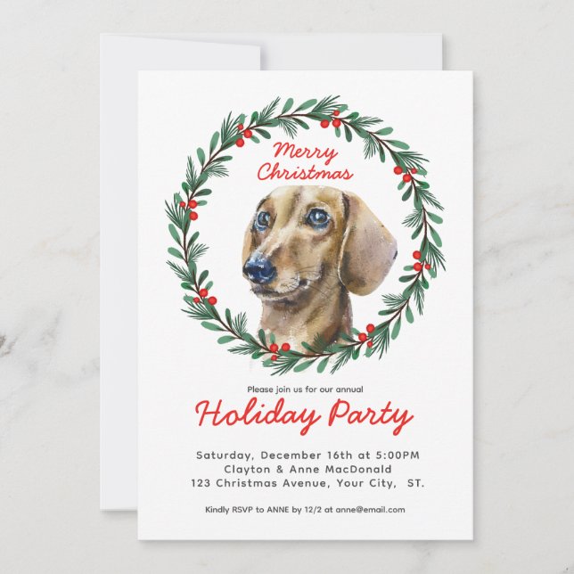 Invitación Fiesta de los Navidades de Cute Dachshund Greenery (Anverso)