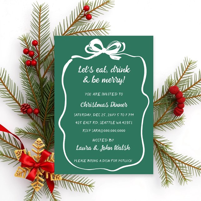Invitación Fiesta de los Navidades de Green White Bow dibujad (Doodle Hand drawn Green White Bow Christmas Party Invitation)