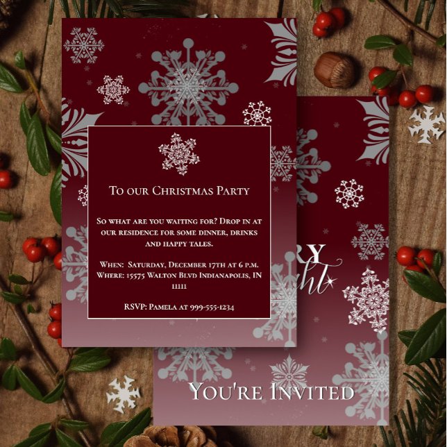 Invitación Fiesta de los Navidades de las Copas de Nieve, frí (Red Merry and Bright Snowflakes Christmas Party Invitation)