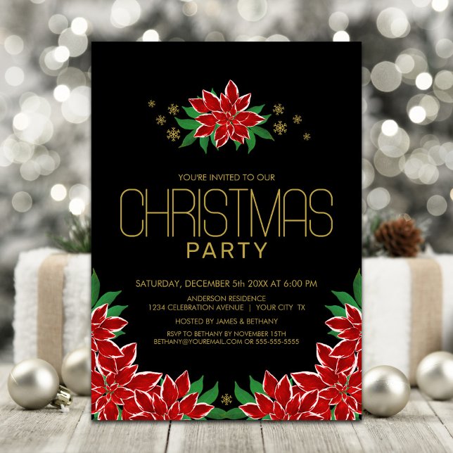 Invitación Fiesta de los Navidades de Poinsettia Negra Roja (Subido por el creador)