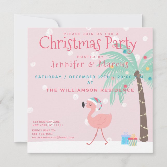 Invitación Fiesta de los Navidades de Santa Flamingo (Anverso)