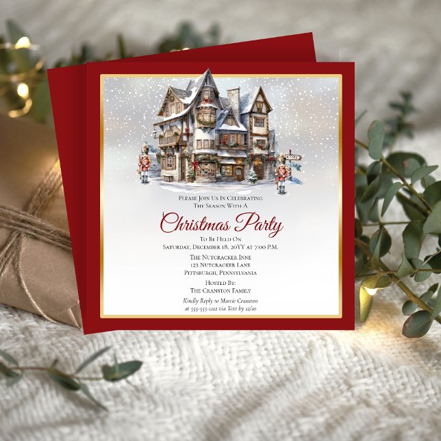 Invitación Fiesta de los Navidades de Ski Lodge y Nutcrackers (Vintage Look Ski Lodge and Nutcracker Soldiers Christmas Party Invitation)