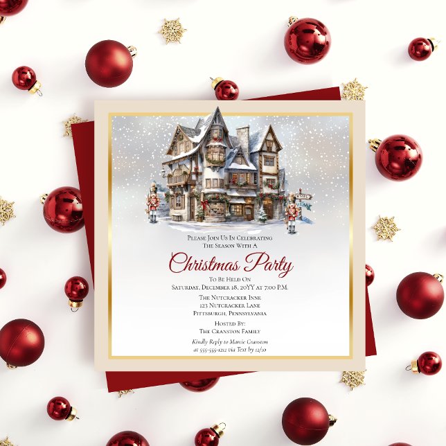 Invitación Fiesta de los Navidades de Ski Lodge y Nutcrackers (Vintage Look Ski Lodge and Nutcracker Soldiers Christmas Party Invitation)