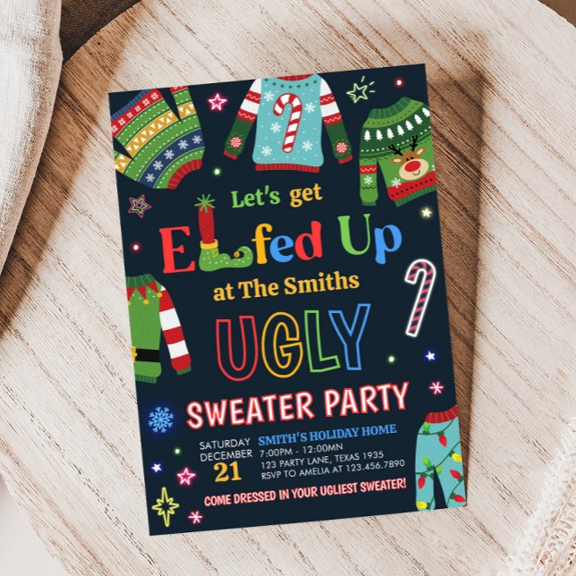 Invitación Fiesta de los Navidades de Sweater Elfed (Elfed Up Ugly Sweater Christmas Party Invitation)