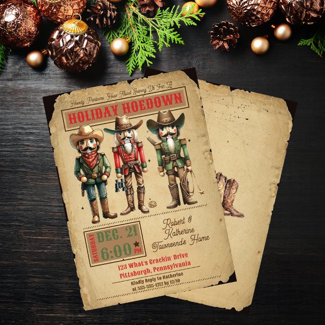 Invitación Fiesta de los Navidades del Hoedown de la festivid (Nutcrackers Western Holiday Hoedown Rustic Christmas Party Invitation)