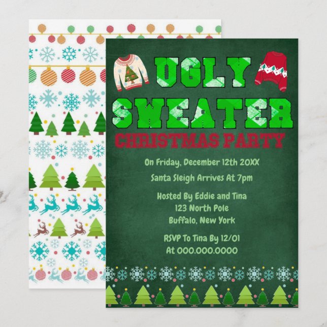 Invitación Fiesta de los Navidades del tablero verde suéter f (Anverso / Reverso)