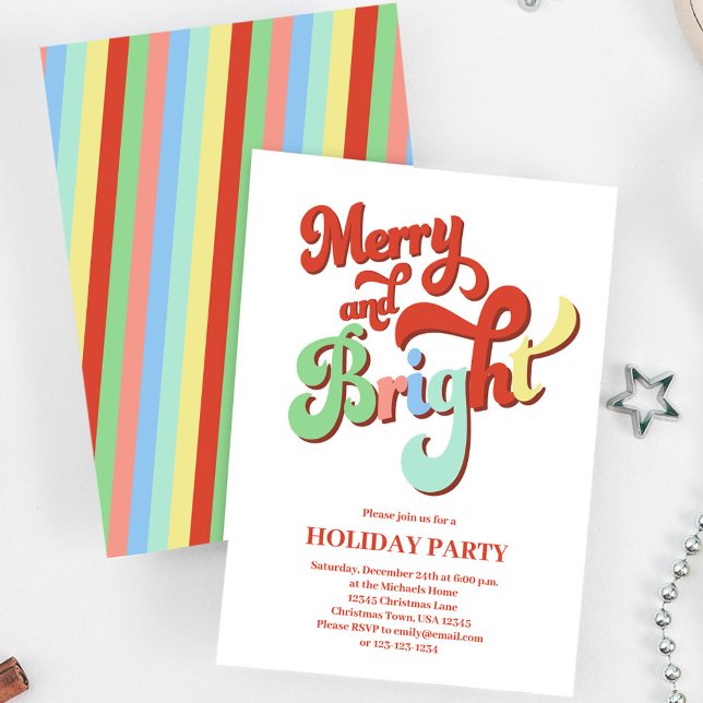 Invitación Fiesta de los Navidades Retro Merry y Bright (Merry and Bright retro style typography script. )