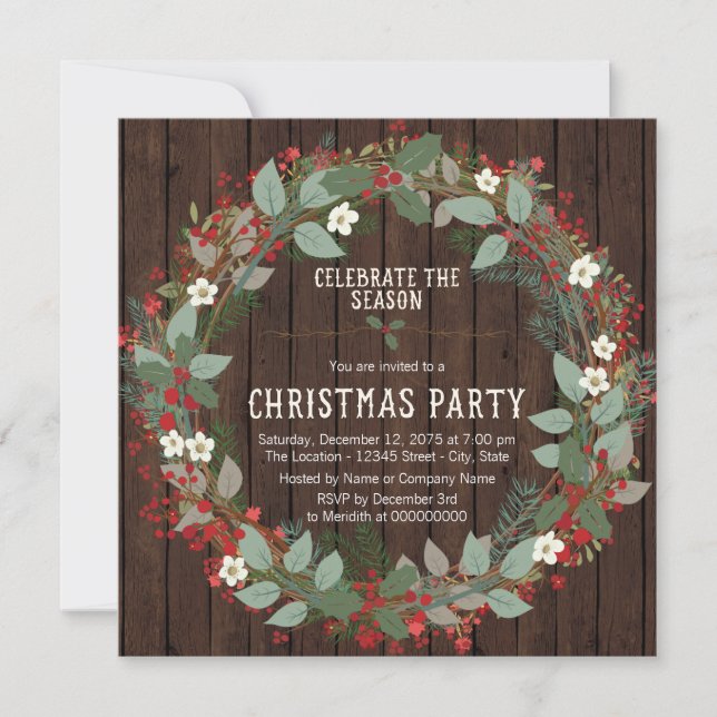 Invitación Fiesta de los Navidades Rustic Holly Wreath (Anverso)
