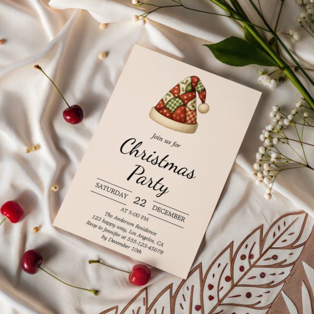 Invitación Fiesta de los Navidades Rustic Patchwork Santa Hat (Subido por el creador)
