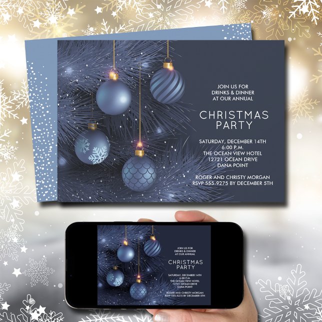 Invitación Fiesta de los Ornamentos de Navidad Azul (Blue Christmas Tree and Ornaments Holiday Party Invitations)