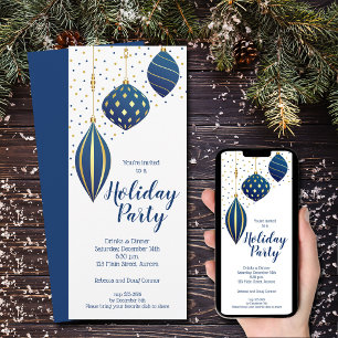 Invitación Fiesta de los Ornamentos de Navidad de Oro Azul