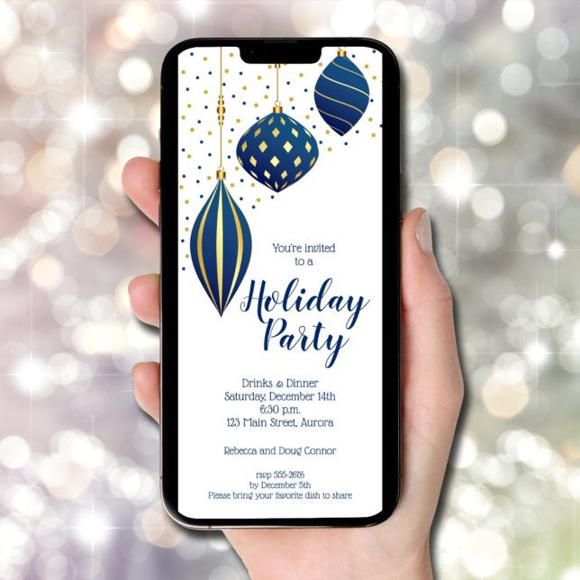 Invitación Fiesta de los Ornamentos de Navidad de Oro Azul (Blue Gold Christmas Ornaments Holiday Invitations - INSTANT DOWNLOAD and/or PRINTED)