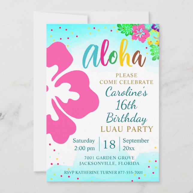 Invitación Fiesta de Luau Aloha Cumpleaños Tropical Hibiscus (Anverso)