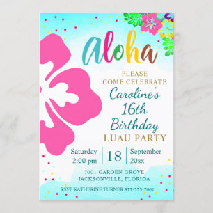 Invitación Fiesta de Luau Aloha Cumpleaños Tropical Hibiscus