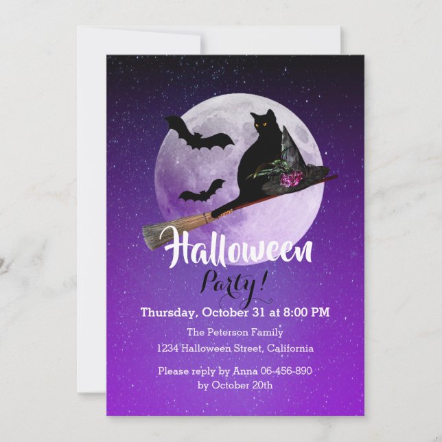 Invitación Fiesta de Luna Llena del Gato Negro de Halloween e (Anverso)