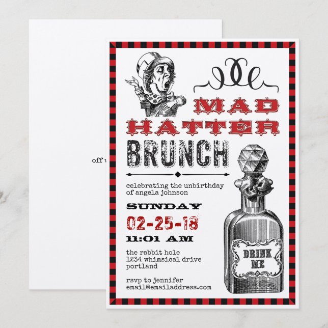 Invitación Fiesta de Mad Hatter Brunch (Anverso / Reverso)