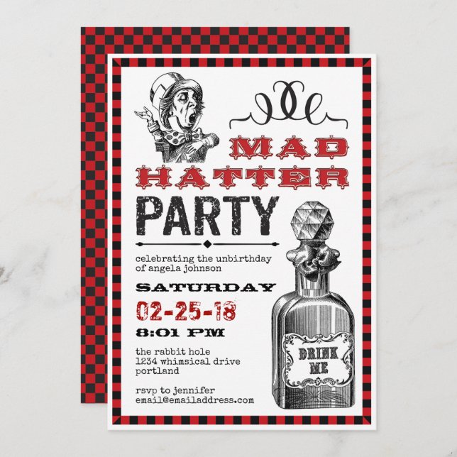 Invitación Fiesta de Mad Hatter Uncumpleaños (Anverso / Reverso)