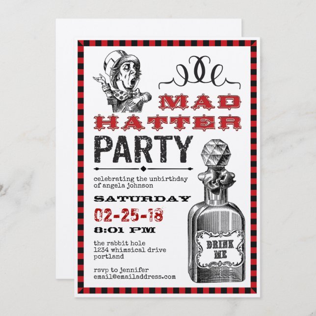 Invitación Fiesta de Mad Hatter Uncumpleaños (Anverso / Reverso)